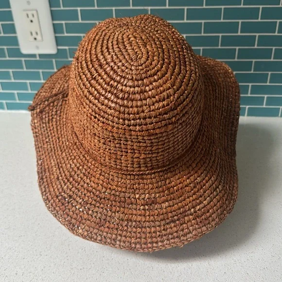 Tropical Trends brown woven natural straw wide brim floppy sun hat one size - Picture 4 of 8